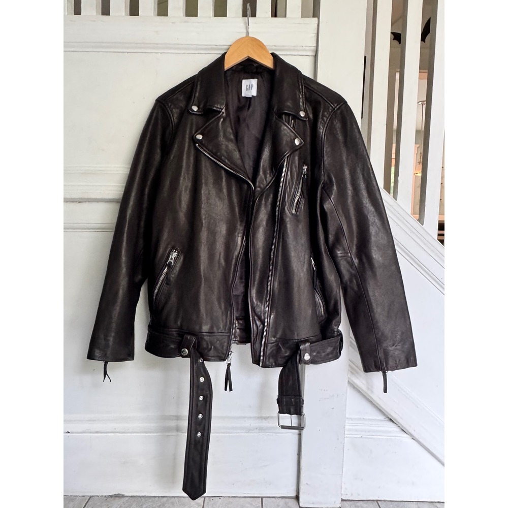 GAP Genuine Leather Moto Biker Jacket Black Belted Motorcycle Size Large L